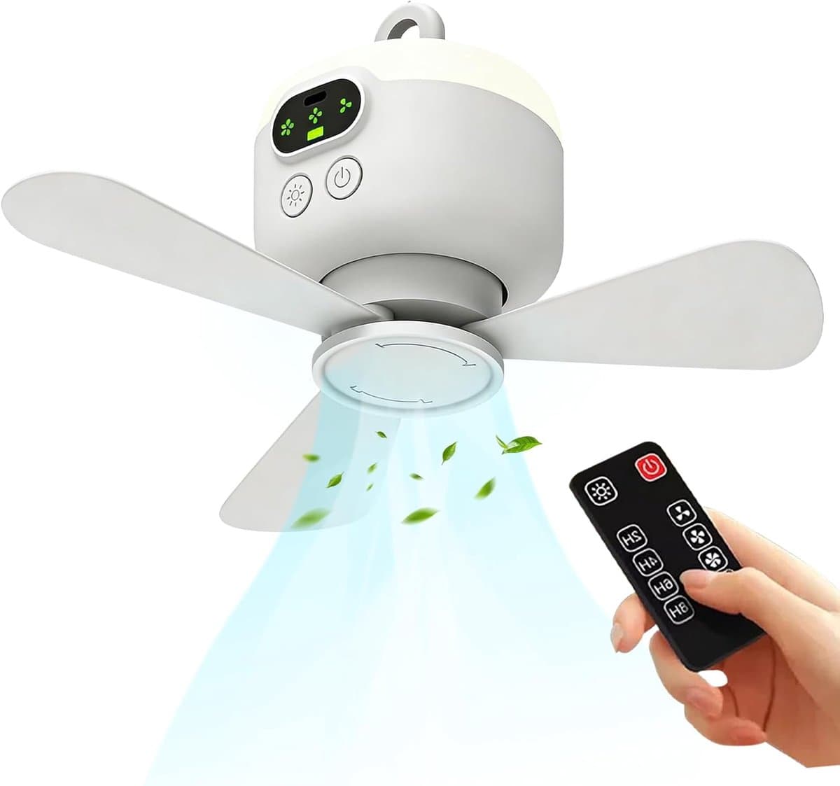 Draagbare kampeerventilator / plafondventilator - 8000mAh op batterijen(Met afstandsbediening en verlichtingsfuncties) - Met 3 afneembare ventilatorbladen - 4 snelheden Timerfunctie beschikbaar - Voor picknicks reizen en noodgevallen — afbeelding 1