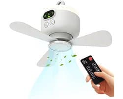 Draagbare kampeerventilator / plafondventilator - 8000mAh op batterijen(Met afstandsbediening en verlichtingsfuncties) - Met 3 afneembare ventilatorbladen - 4 snelheden Timerfunctie beschikbaar - Voor picknicks reizen en noodgevallen