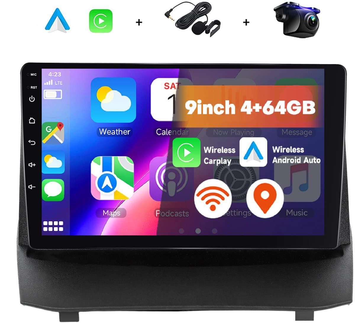 Boscer 2 Din Autoradio - Geschikt voor Ford Fiesta (2009-2014) - Draadloos Apple CarPlay & Android Auto - 9 Inch HD Touchscreen - Android 15 - 4+64GB - GPS Navigatie - WiFi, Bluetooth & USB - Achteruitrijcamera & Microfoon — afbeelding 1