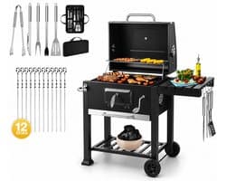 SMH LINE® BBQ houtskool XL- Smoker Barbecue - Incl. BBQ Greedschapset en 12x BBQ Spiezen - Verstelbare Kolenroosters & Inklapbare Zijtafel - Zwart