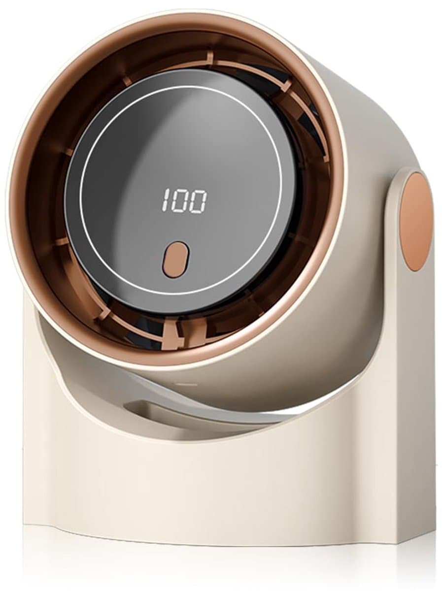 KZQ Bureauventilator – Stille werking – 100 instelbare snelheden – LED-display – Oplaadbaar – 180° groothoek-luchtstroom – 1200 mAh draagbare ventilator – Ideaal voor kantoor, slaapkamer, woonkamer en keuken – Beige — afbeelding 1