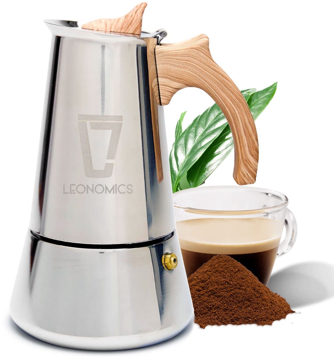 Moka Pot Percolator Inductie 300 ml 6 Kops – RVS Koffiezetapparaat met Houtlook Handvat – Espresso Maker – Leonomics — afbeelding 1