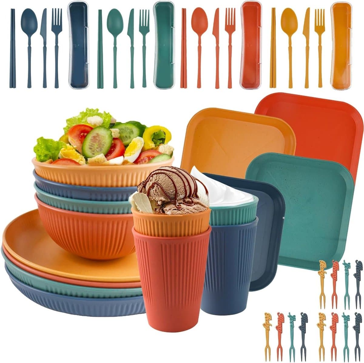 Complete 48-delige Onbreekbare Diner Set voor Kamperen, Lichtgewicht Plastic Borden en Schalen voor 4 Personen, Ideaal voor Buiten Eten, Magnetron- en Vaatwasserbestendig — afbeelding 1