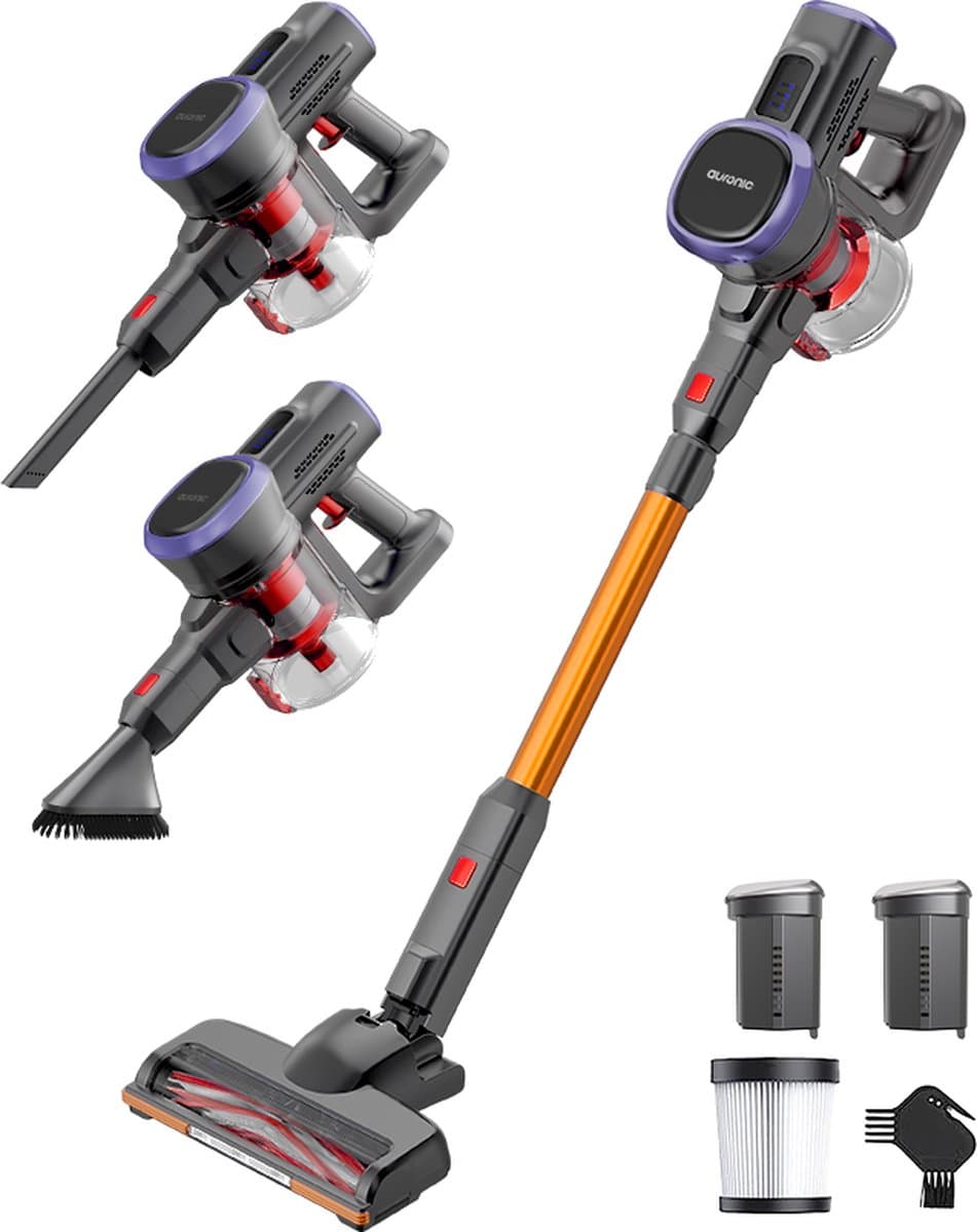 Auronic Steelstofzuiger Draadloos 220W - Draadloze Stofzuiger - HEPA Filter - Zelfstaand - Extra Accu - Op Accu - Zonder Zak - Kruimeldief - Vacuum Cleaner - Grijs/Oranje — afbeelding 1