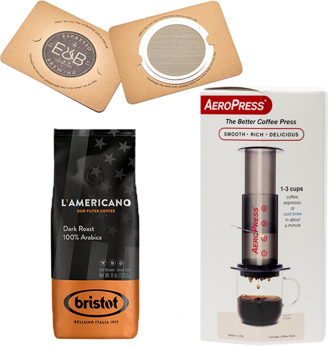 Aeropress Coffee Maker + IMS E&B LAB koffie filter 150 micron RVS + Bristot L’Americano Dark Roast koffie 226,8 gram — afbeelding 1