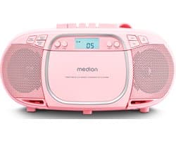 MEDION E66476 Stereo Geluidssysteem (boombox, CD-speler, MP3, cassette, draagbare cassettespeler voor kinderen, FM-radio, AUX, hoofdtelefoon, netvoeding & batterij) Roze