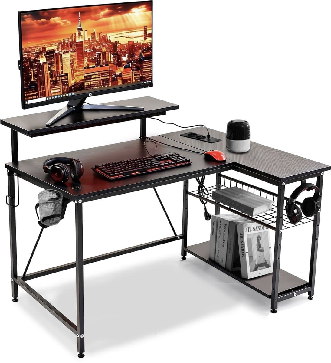 ADSafety L-Vormig Game Bureau - 107x80x76 cm - Game Bureau met LED verlichting - Zwart Carbon - Hoekbureau - Gaming Desk - Computertafel — afbeelding 1
