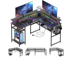Gaming Bureau met LED Verlichting - 136x118x88 cm - L-Vormig Hoekbureau met Stopcontact - Stopcontact - Gaming Desk - Computer Tafel - Gaming Tafel - Zwart Bureau voor Gamen, Studeren en Werken