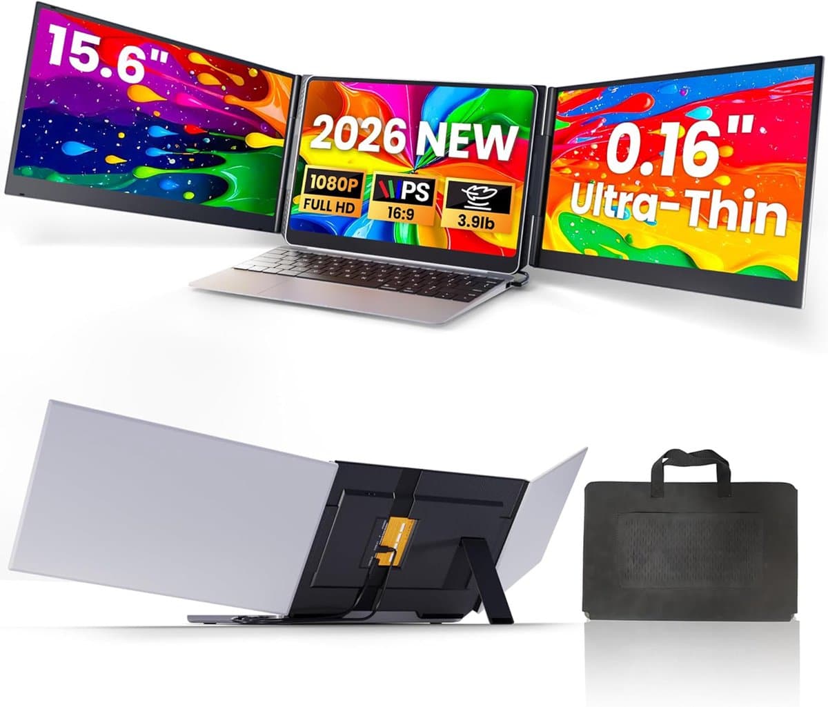 Siaviala P7 2026 nieuwe Laptop Schermverlenger, 15.6" ultralichte draagbare triplescherm voor laptops met 1080P FHD IPS-scherm, plug-and-play monitorverlenger met twee USB-C/HDMI-kabels voor Mac/Windows/Android, geschikt voor laptops van 13-17" — afbeelding 1