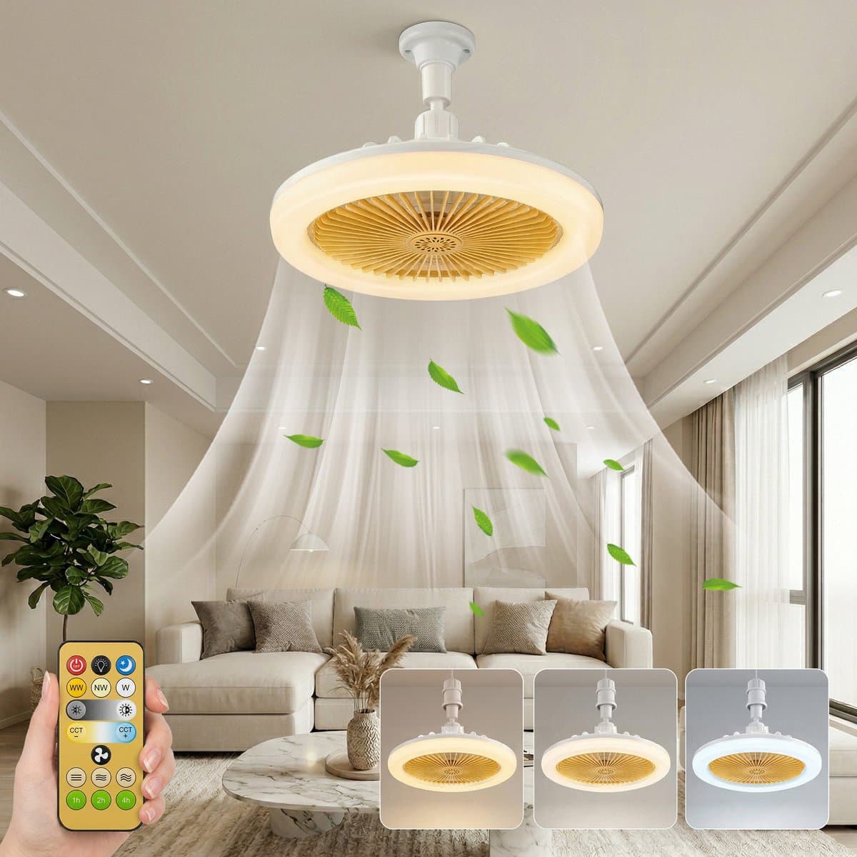 MUPOO Plafondventilator met Licht E27 - 360° Roteerbaar - Dimbaar - Ø 25cm - 3 Kleurtemperatuur & Snelheden - Eenvoudige Montage - Mini Ventilatorlamp voor Kinderkamer & Hal - Geel — afbeelding 1
