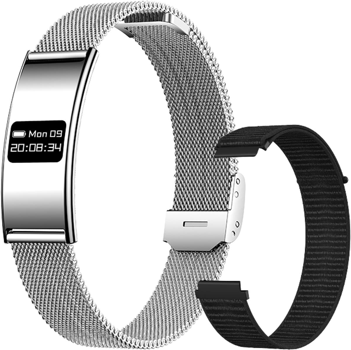 WizBay Premium Select® Smart Bracelet 2026 - Ultradun 2,8 mm - Hartslag en SpO2 - Slaapmonitor - 5ATM Waterdicht - Fitness Tracker - IPS Screen - Android en iOS - Zilver RVS Band extra Zwarte Siliconen Band — afbeelding 1