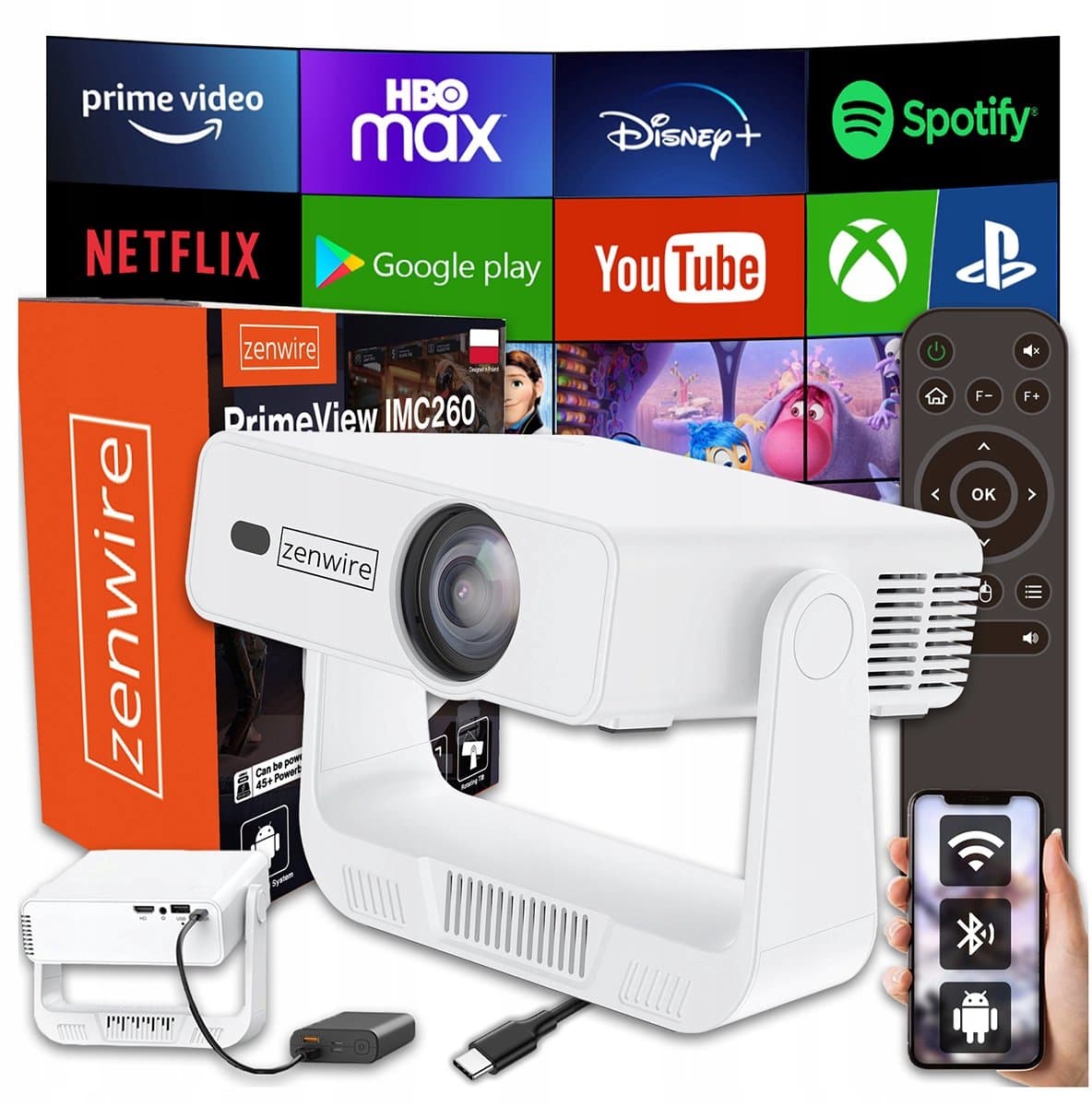 Zenwire Primeview IMC260 Draagbare Mini Beamer - USB-C Powerbank Voeding - Android 14 - WiFi 6 - Bluetooth - HD Projector met 4K Support — afbeelding 1