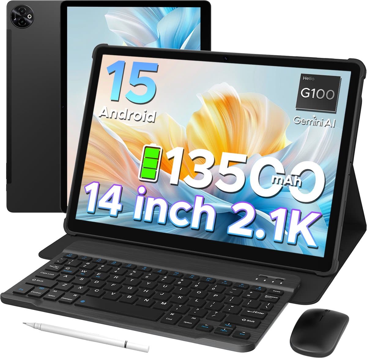 Doogee TAB E3 Max VIP - Tablet - 32 GB RAM + 256 GB ROM /TF 2TB - MTK Helio G100 - 14 inth Ips - Android 15 - 13500mAh - 4G LTE - 5G WLAN - Vier luidsprekers - GPS - Zwart — afbeelding 1