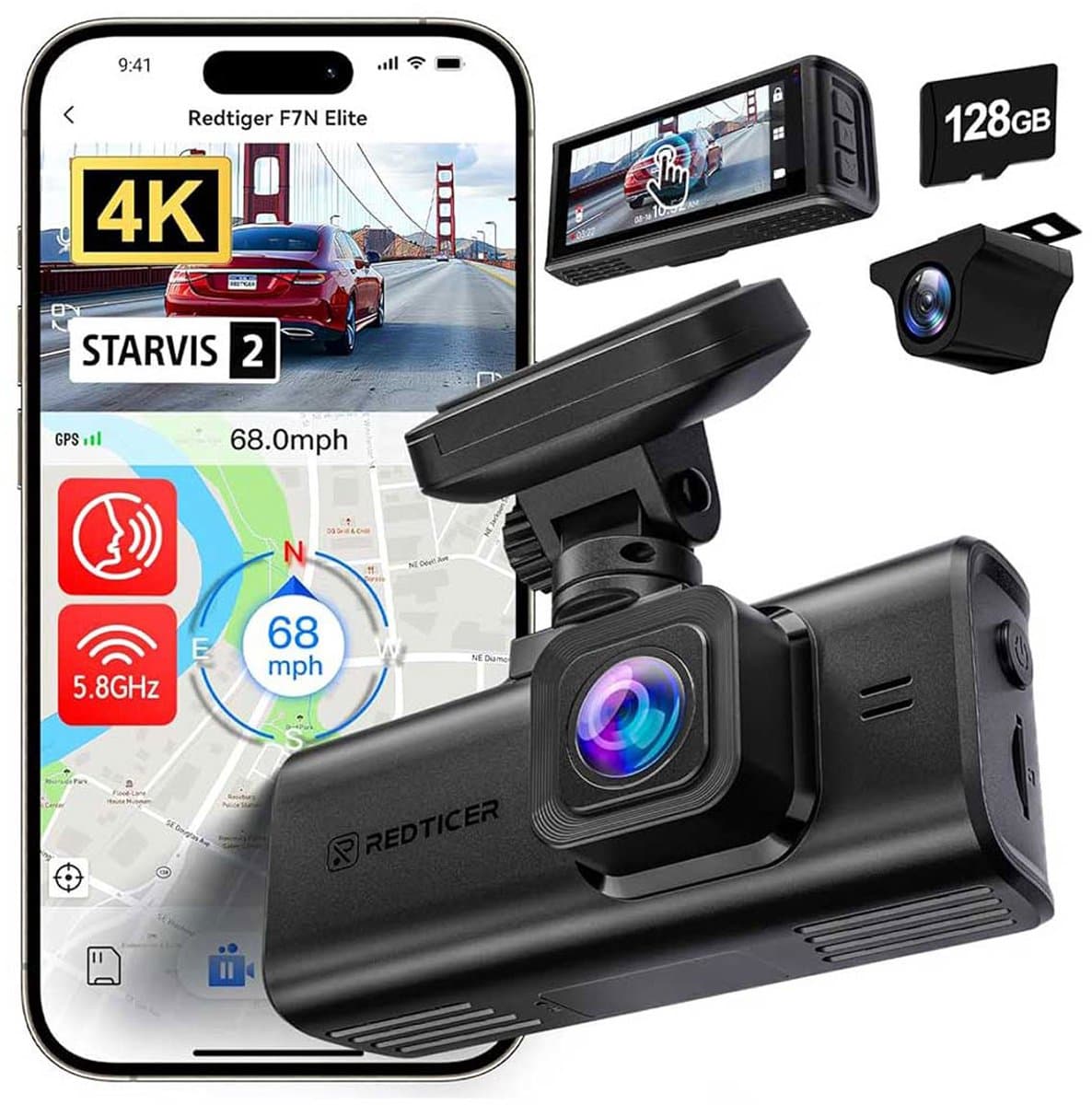 Redtiger F7N Elite 4K Touch Wifi Gps 2CH 128gb dashcam - Camera voor + achter - Sony Starvis 2 sensoren - 3,18 inch touchscreen Lcd - Waterdichte achter camera - Wifi - Gps - Parkeermodus - 4K resolutie - 128gb Micro SD kaart - dashcam voor auto — afbeelding 1