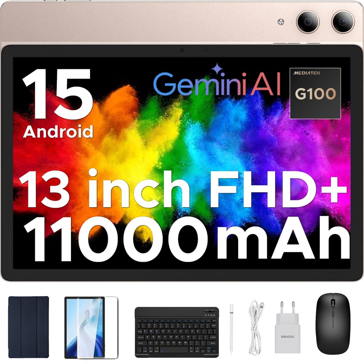DOOGEE Tab E3 Pro Tablette avec Clavier Android 15 13"+90Hz Helio G100 Octa-Core,32GB RAM+256GB ROM 11000mAh Batterij Metalen Behuizing,Goud — afbeelding 1