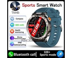 Knobbout 1.7" Scherm Outdoor Smartwatch – Digitale Kompas - LED & UV Licht -600mAh batterij - Bluetooth Bellen- IP68 Waterdicht -AI Spraakassistent - Gezondheid & Sportfuncties -Blauw Siliconen Band