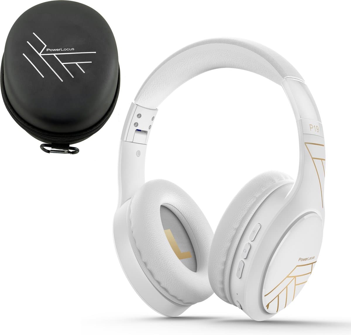 PowerLocus P19 Bluetooth Koptelefoon - Koptelefoon Draadloos - tot 70 Uur Speeltijd en met Aux Kabel - Over Ear Hoofdtelefoon - 3 EQ-Modi - Met Draagtas – Wit/Goud — afbeelding 1