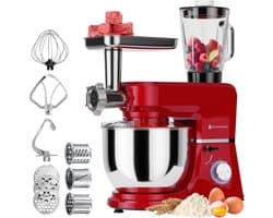 KitchenBrothers Keukenmachine - Keukenrobot - 6-in-1 Keukenmixer - Met Gehaktmolen, Blender en 15 Accessoires - 6,2L RVS Kom - Rood