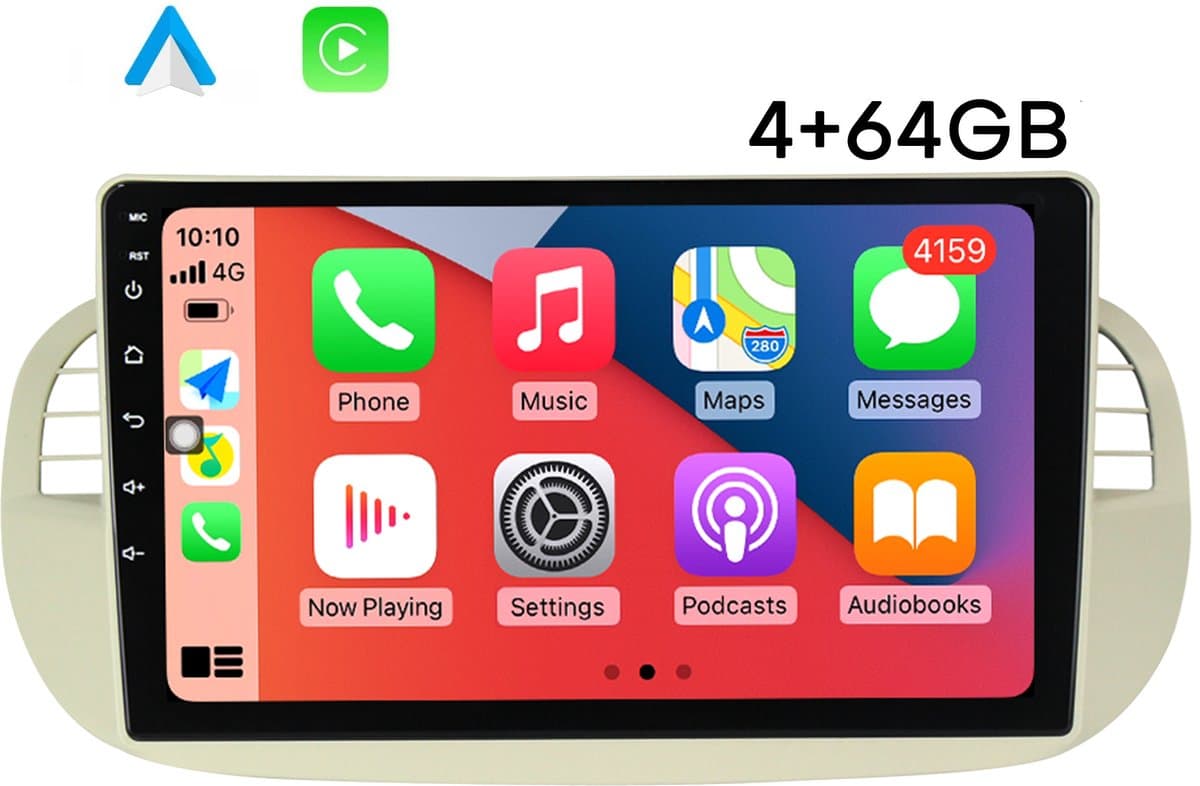 Boscer Autoradio - Geschikt voor Fiat 500 2007-2015 - Android 15 - Apple Carplay & Android Auto (Draadloos) - 4+64GB - 9 Inch HD IPS Touchscreen - GPS, WIFi, Bluetooth, USB, MP5 - Wit/Beige - Achteruitrijcamera & Microfoon — afbeelding 1