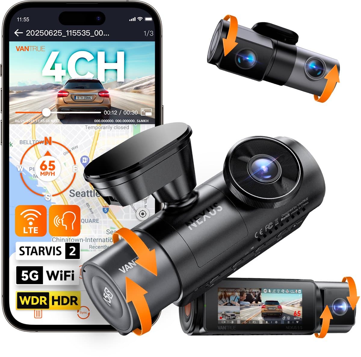 Vantrue N5S 4-kanaals 360 graden WiFi-dashcam, STARVIS 2, IR-nachtzicht, 2.7K+1080P*2+1440P voor-/achter-/binnenkant dashcam, spraakbesturing, GPS, LTE-ondersteuning, 24 uur parkeermodus, ondersteunt max. 1TB — afbeelding 1