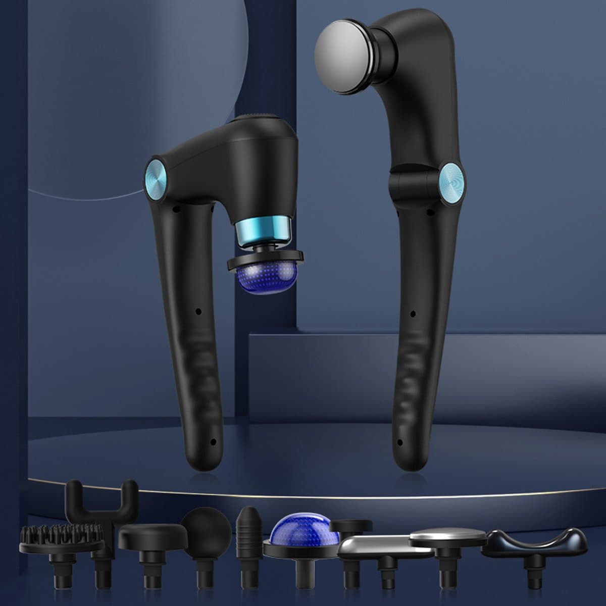 Massagepistool met 10 verwisselbare opzetstukken, massagepistool met verwarmingsfunctie, rugmassageapparaat geschikt voor diepe weefselpijn, massager voor spierherstel van schouders en rug (blauw) — afbeelding 1