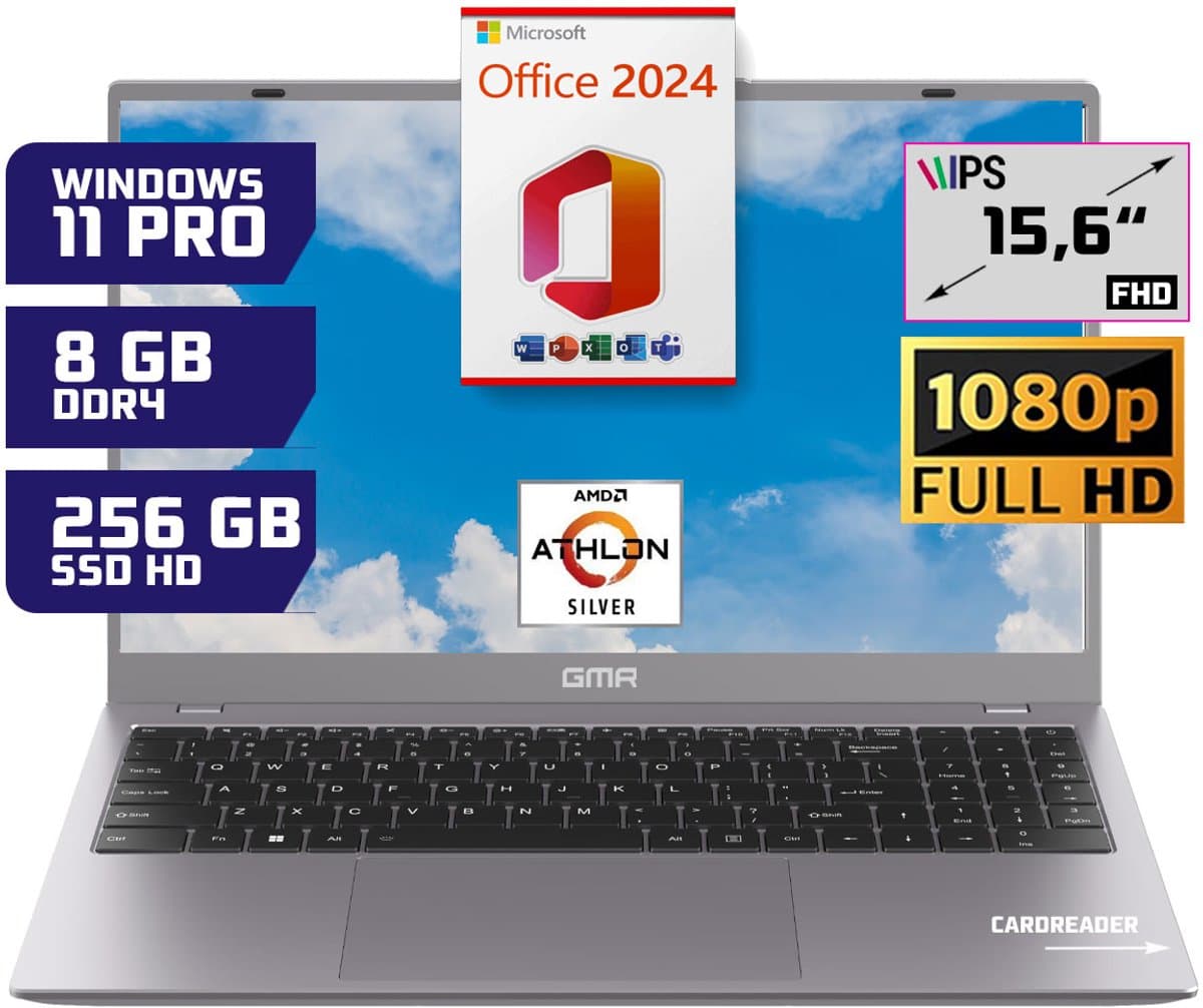 GMR - 15.6 Inch Full HD Laptop - AMD Athlon Silver - 8GB RAM - 256GB SSD - Office 2024 - Windows 11 Pro voor Thuis, Office en Studie notebook — afbeelding 1