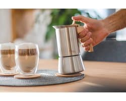Espressomachine (2 Cup No Inductie) | 2, 4, 6, 9 kopjes | RVS mokkakan, espressokan, espresso maker set incl. onderzetter, lepel (handvat: houtlook, 2 kopjes (100 ml)