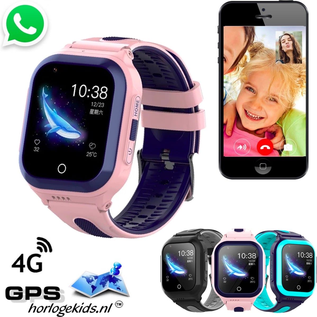 GPSHorlogeKids© - GPS horloge kind - smartwatch kinderen - WhatsApp - 4G videobellen - spatwaterdicht - SOS alarm - incl. SIM - OMNI Roze — afbeelding 1
