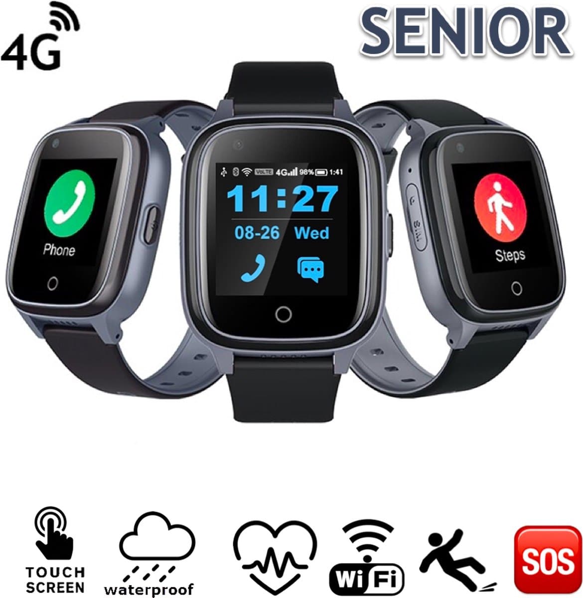 GPS Horloge Senior Health - persoonlijk alarm - alarm horloge ouderen - valdetectie - SOS alarm - Live tracking - medicatie herinnering - (video)bellen - hartslag & bloeddruk - SpO2 - alzheimer - dementie - geen abonnement — afbeelding 1