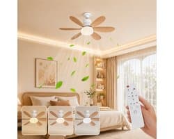MUPOO Houtlook Plafondventilator met Lamp E27 Ø52 cm - Ventilatorlamp met Afstandsbediening - 3 Kleurtemperaturen - 3 Snelheden - Timer en Geheugenfunctie - Stil DC Motor -Voor Slaapkamer werkkamer