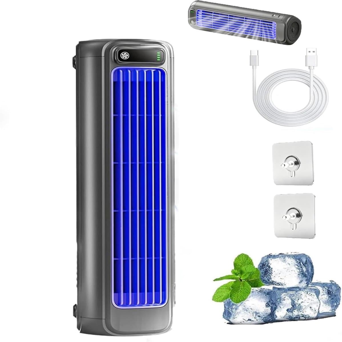 KZQ Draagbare Luchtkoeler Bureauventilator en koelventilator - 3 snelheden met LED touchscreen - USB oplaadbaar - Desktop en wandmontage - Voor kantoor slaapkamer en keuken - Grijs — afbeelding 1