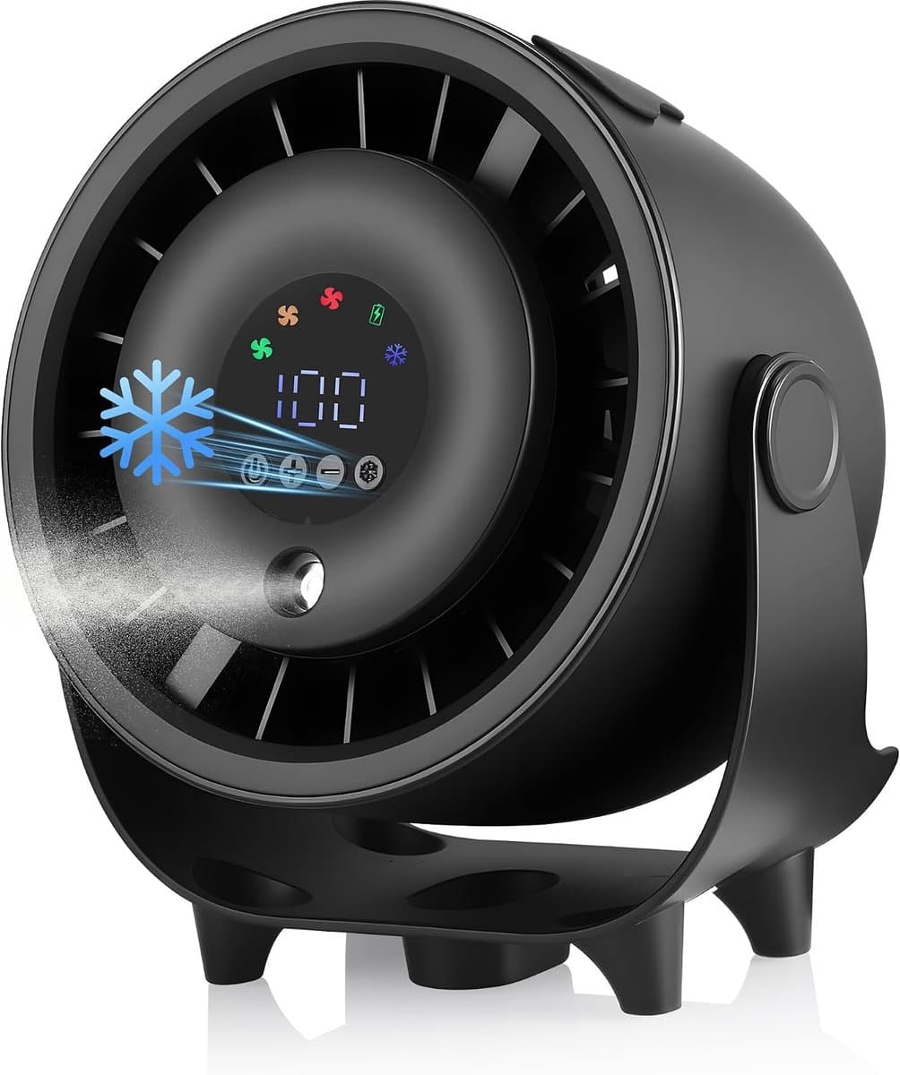 KZQ Zwarte Mini Bureauventilator Met Led Display En 3600 Mah Batterij 3 Snelheden Voor Slaapkamer Studentenhuis En Kantoor — afbeelding 1