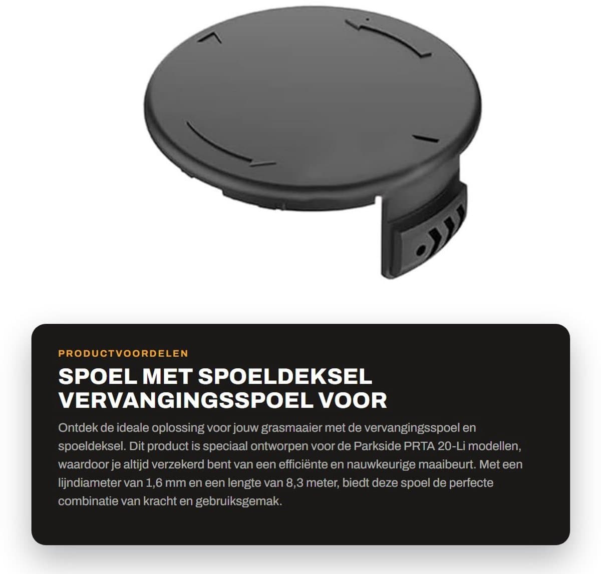 Dailygoods- Spoel met Deksel - Geschikt voor Parkside PRTA 20-Li A1/B1/B2/C3 - Lijndiameter 1,6 mm - Lijnlengte 8,3 m - Spoelmaat 65 x 24 mm - Cover Grootte 80 x 35 mm - Grasmaaier Spoel — afbeelding 1