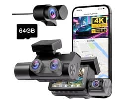 Dashcam Auto - 3 Kanaals Camera - Verkeerssituaties Vastleggen - 4K UHD Nachtzicht - 64GB Inclusief - Zwart