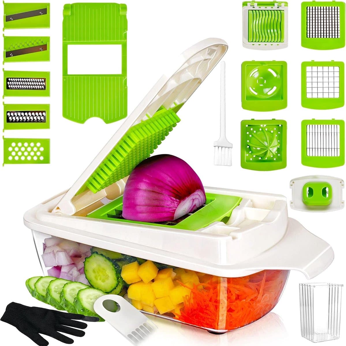 Multifunctionele Mandoline - Keukenmachine Groente - Maaltijd Voorbereiding - 19-in-1 Wisselbare Messen - 1.3 Liter Capaciteit - Groen Wit — afbeelding 1