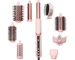 9 in 1 Föhnborstel Airstyler met LCD-display, Heteluchtborstel met afneembare Auto-Wrap krullers, volumeborstel & stijlborstel, 1400W ionen haarstyler, 3 temperatuurstanden voor alle haartypes