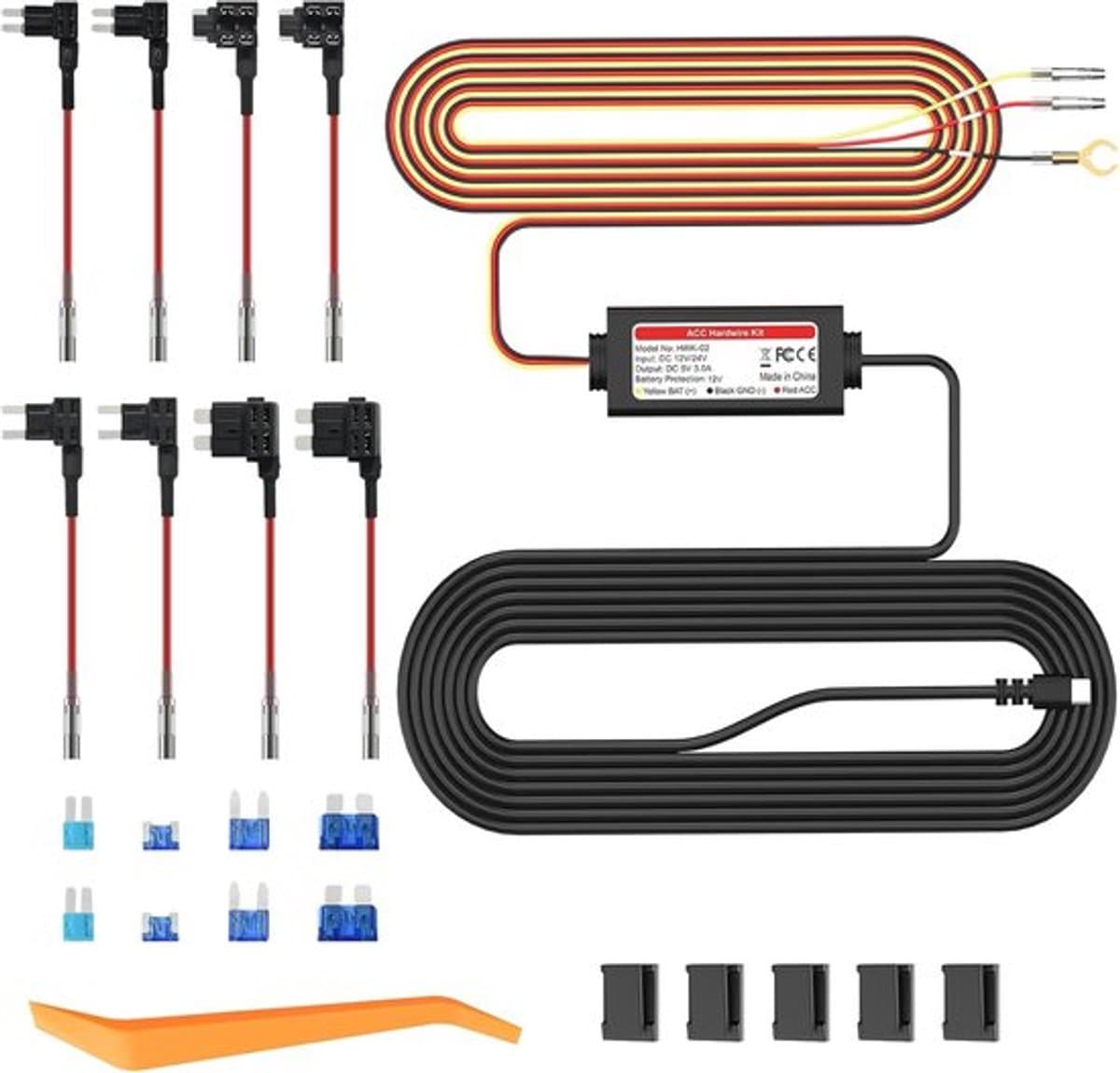 SnelShoppen - Dash-Cam Hardwire Kit USB-C met LED Display, 12V-30V naar 5V/3A Spanning Converter, 24 Uur Bewakingsmodus, Laag Voltage Bescherming voor — afbeelding 1