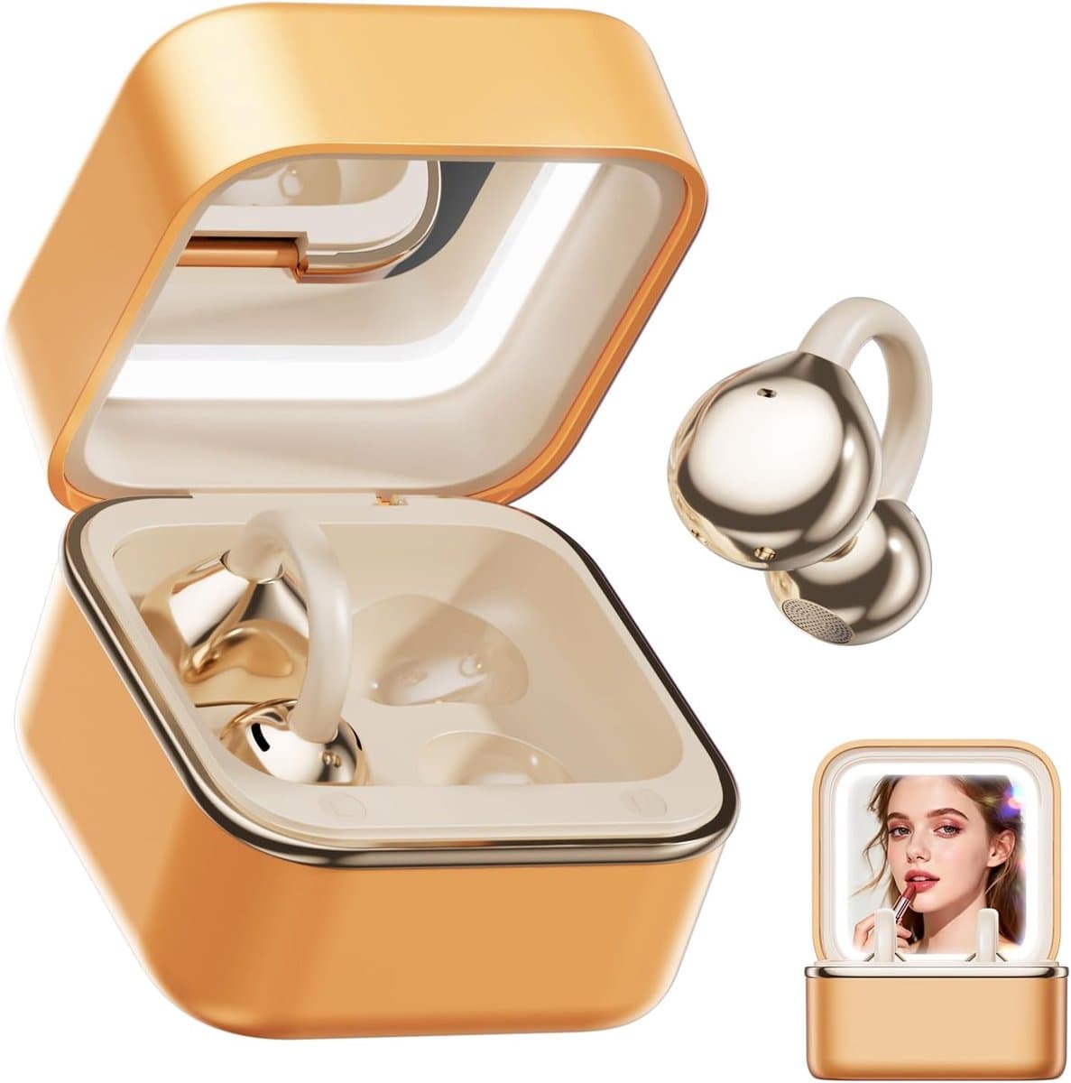 Clip-on Oordopjes Open Oor Koptelefoon, Draadloze Bluetooth Oordopjes 6.0 met Make-up Spiegel LED Licht, 50 uur Speeltijd, Over Ear Oordopjes Comfortabel voor Vrouwen Cadeaus, Sport, Workouts en Brildragers Oranje — afbeelding 1