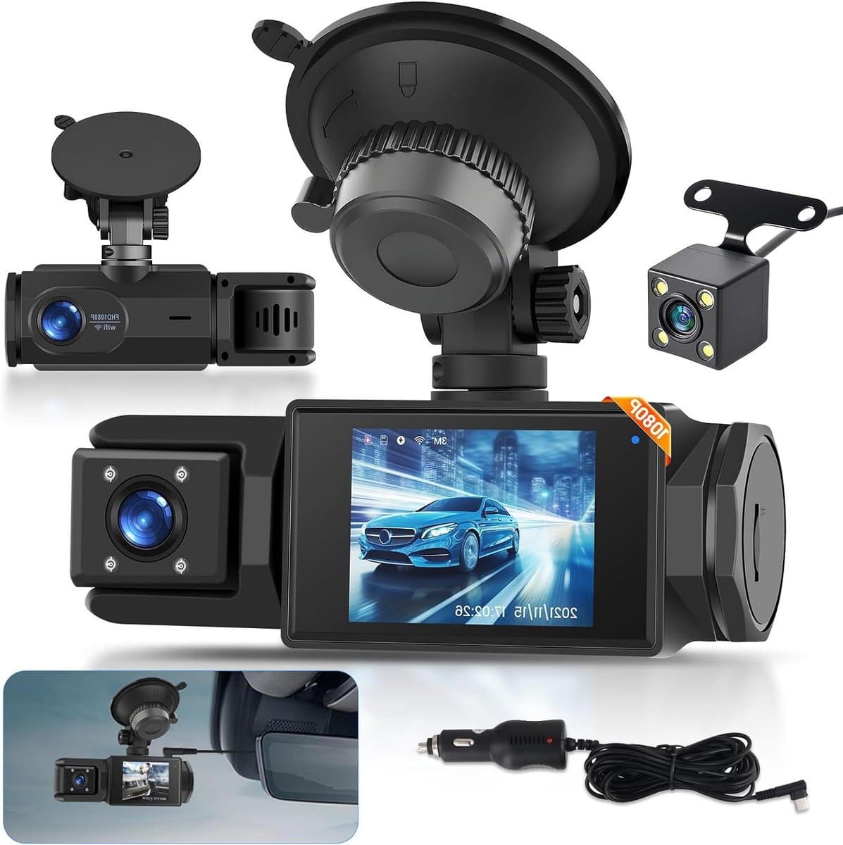Dash Cam Auto - 3 Kanaals Recorder - Veiligheid Onderweg - Full HD 1080P - 2 Inch Scherm - Zwart — afbeelding 1