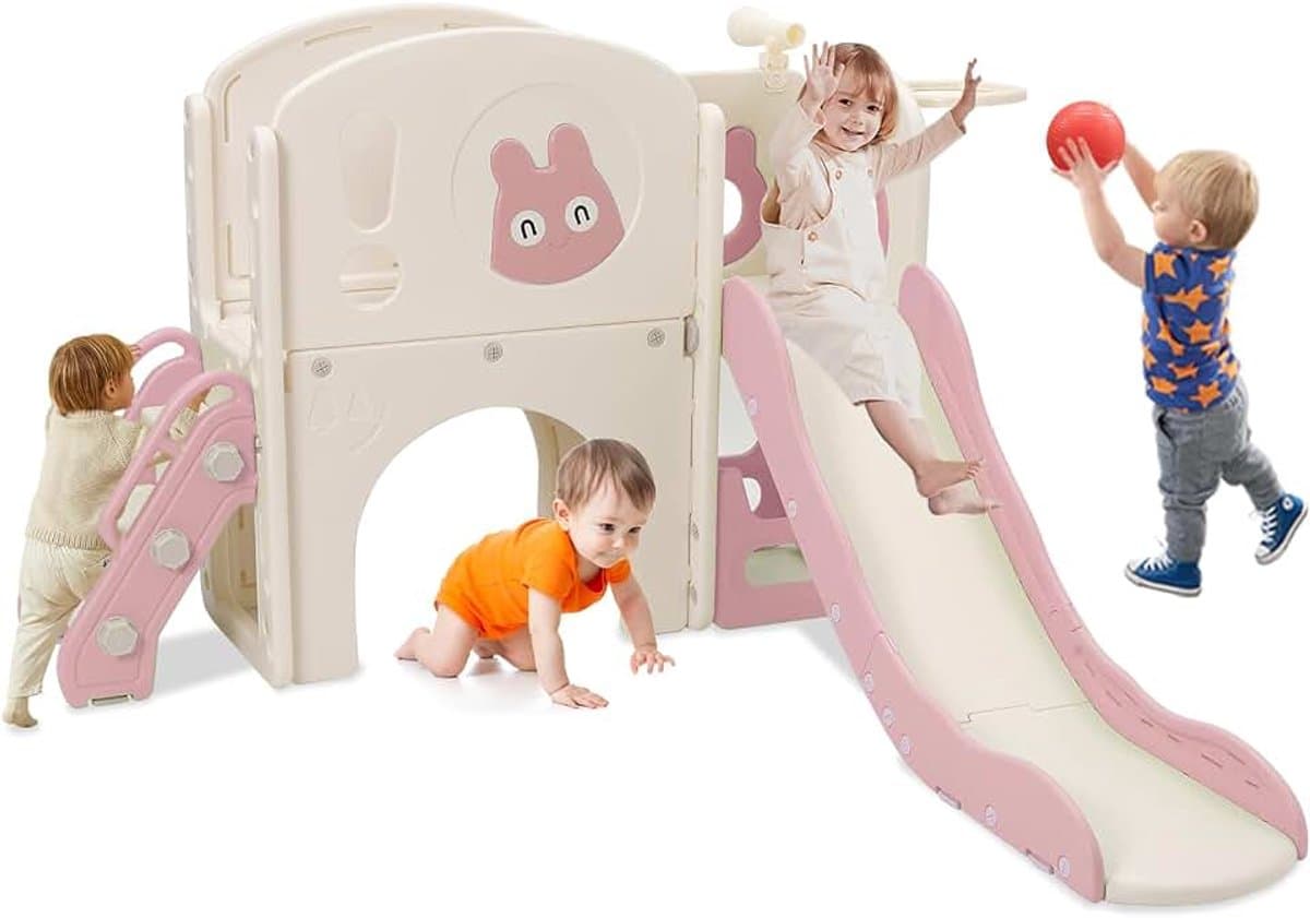 Kinderglijbaan met klimrek, 6-in-1 kinderglijbaan met telescoop, basketbalmand, platformgang, kinderspeelplaats, glijbaanlengte 160 cm (roze) — afbeelding 1