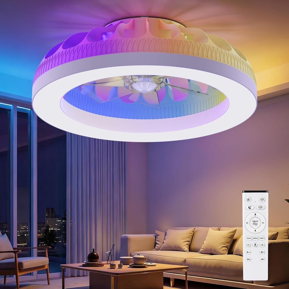 RGB Ventilator - Dimbaar Met Afstandsbediening - Memory - 6 Ventilator Standen - Timer - Plafondventilator - 48 cm - Woonkamerlamp - 10 RGB Kleuren — afbeelding 1