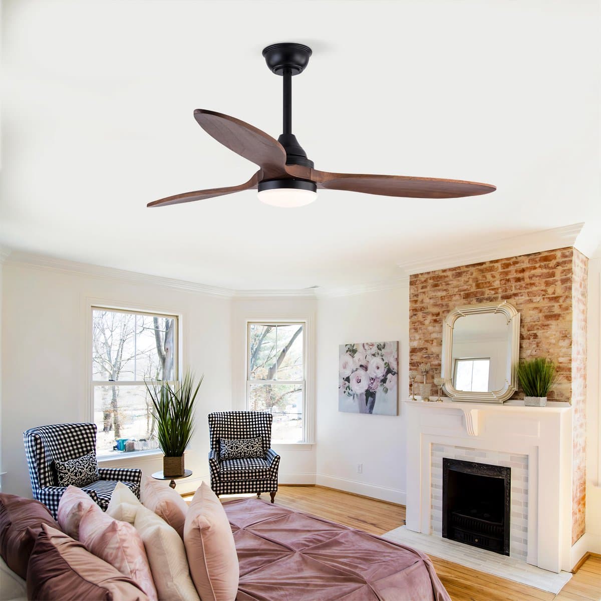HAUSS SPOLE Ventilator - 132 cm Met Verlichting - Metaal En Hout - Zwart En Donker Walnoot - Dimbaar Met Afstandsbediening — afbeelding 1