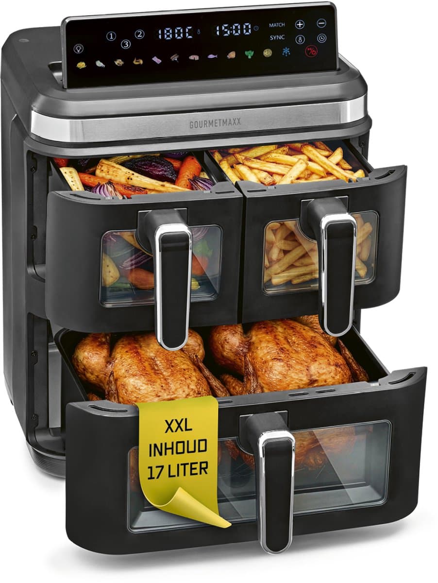 GOURMETmaxx FryUp3 Verticale heteluchtfriteuse, 3 kamers, heteluchtfriteuse XXL, 17 liter, airfryer met inklapbaar touchdisplay, 12 onetouch-programma's, kijkvenster, airfryer voor 12 personen — afbeelding 1
