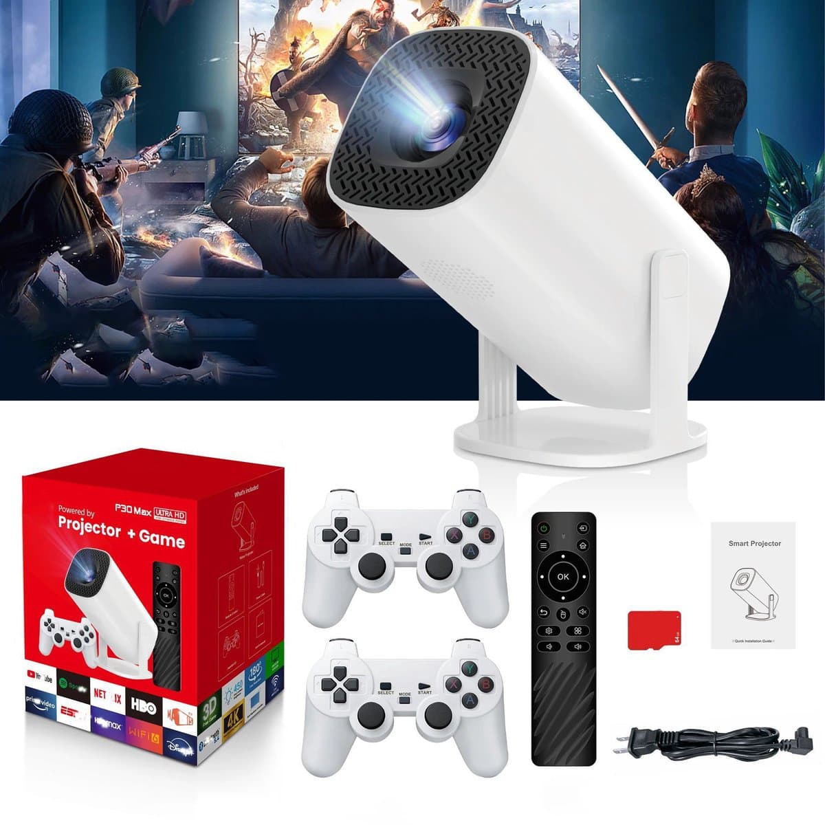 TEKROA® Mini Beamer - Beamers - WiFi Screen Mirroring - 4K Support - HD Ready 720P - Voor iOS & Android - Thuisbioscoop - wit — afbeelding 1