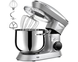SnelShoppen - Vezzio Food Processor Kneedmachine 1500W, Geluidsarm, 10 Snelheden, 8.5L RVS Kom, Kneedhaken, Mixborstel, Zilver, Voor Bakken en Koken