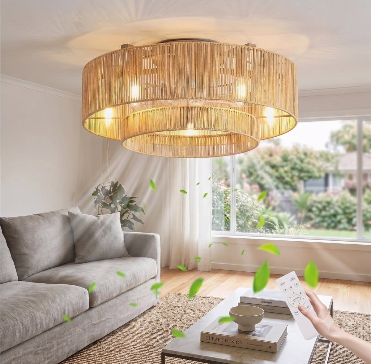 Plafondventilator met Verlichting en Afstandsbediening - Rotan Plafondlamp - Boho Retro Stijl - E27 - 6 Snelheden & Timer — afbeelding 1