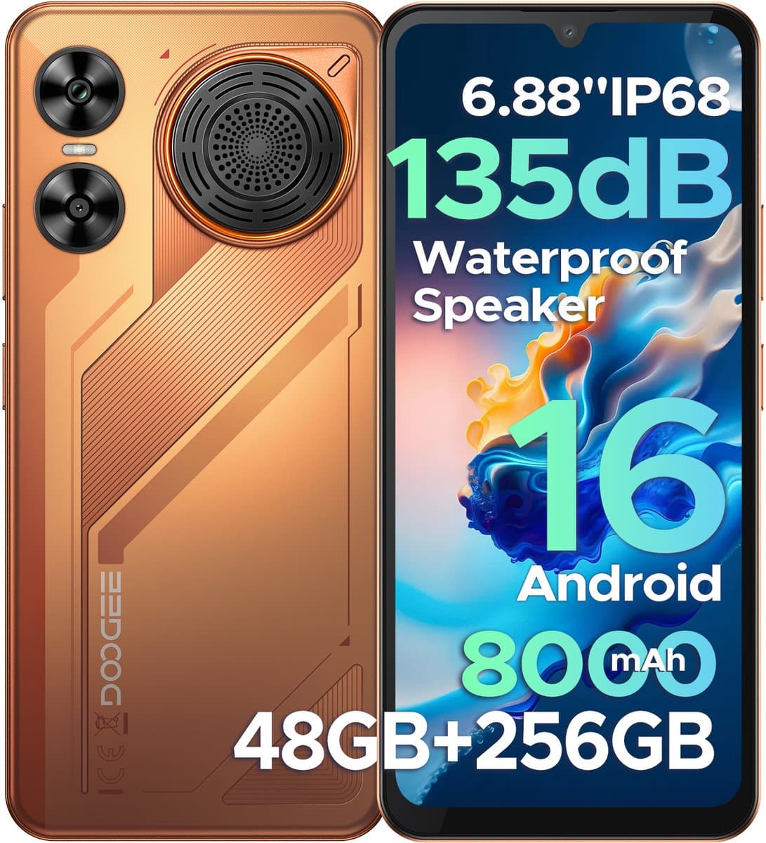 DOOGEE M30 - Rugged Smartphone - 48GB RAM + 256GB ROM (2TB/TF) - 6.88 Inth HD+ 120Hz - IP67 - Android 16 - 8000mAh/33W - 64MP Triple Camera - NFC - Fingerprint - 135dB Loudspeaker - Face ID - Oranje — afbeelding 1