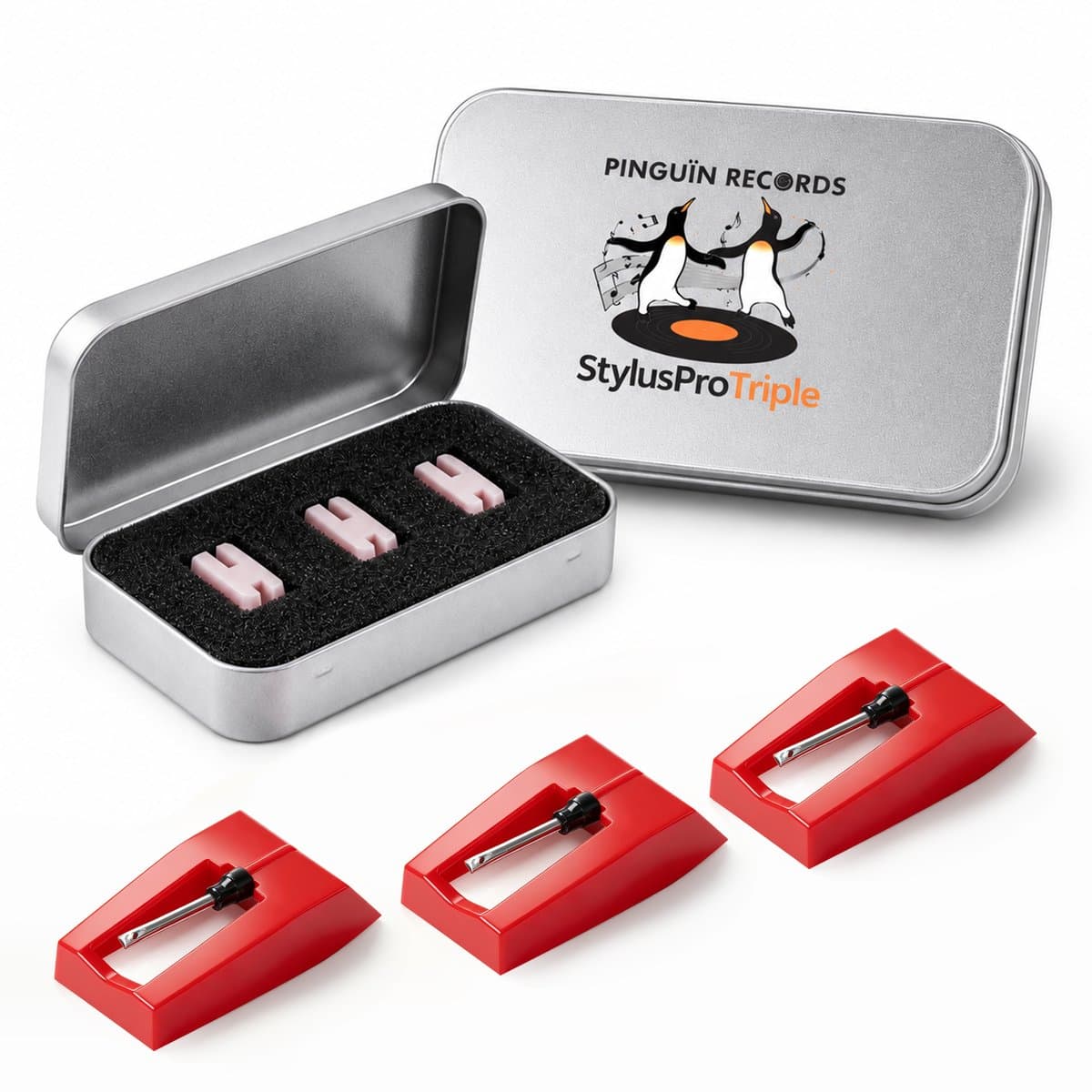 Pinguïn Records - Platenspeler Naald - Universele Vervangnaalden - Stylus voor Vinyl Platenspeler - StylusPro Triple - Set van 3 - Inclusief Opbergdoos — afbeelding 1