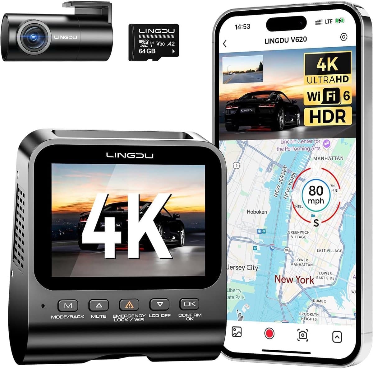SnelShoppen - V620 Dashcam Voor en Achter 4K+1080P, WiFi GPS, 64GB SD-Kaart, Auto Camera met Parking Monitor, Nachtzicht, WDR, ADAS, 170° Brede Hoek, — afbeelding 1