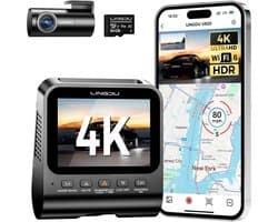 SnelShoppen - V620 Dashcam Voor en Achter 4K+1080P, WiFi GPS, 64GB SD-Kaart, Auto Camera met Parking Monitor, Nachtzicht, WDR, ADAS, 170° Brede Hoek,